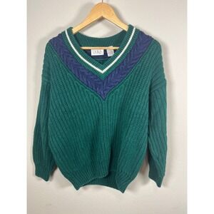 Vintage Erika Womens V Neck Cable Knit Sweater Green Navy White Stripe Size L